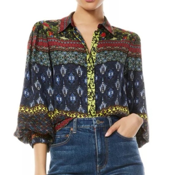 NWT Alice + Olivia Red Pattern Long Sleeve Silk Blouson Sleeve Blouse Size Small - Picture 1 of 6